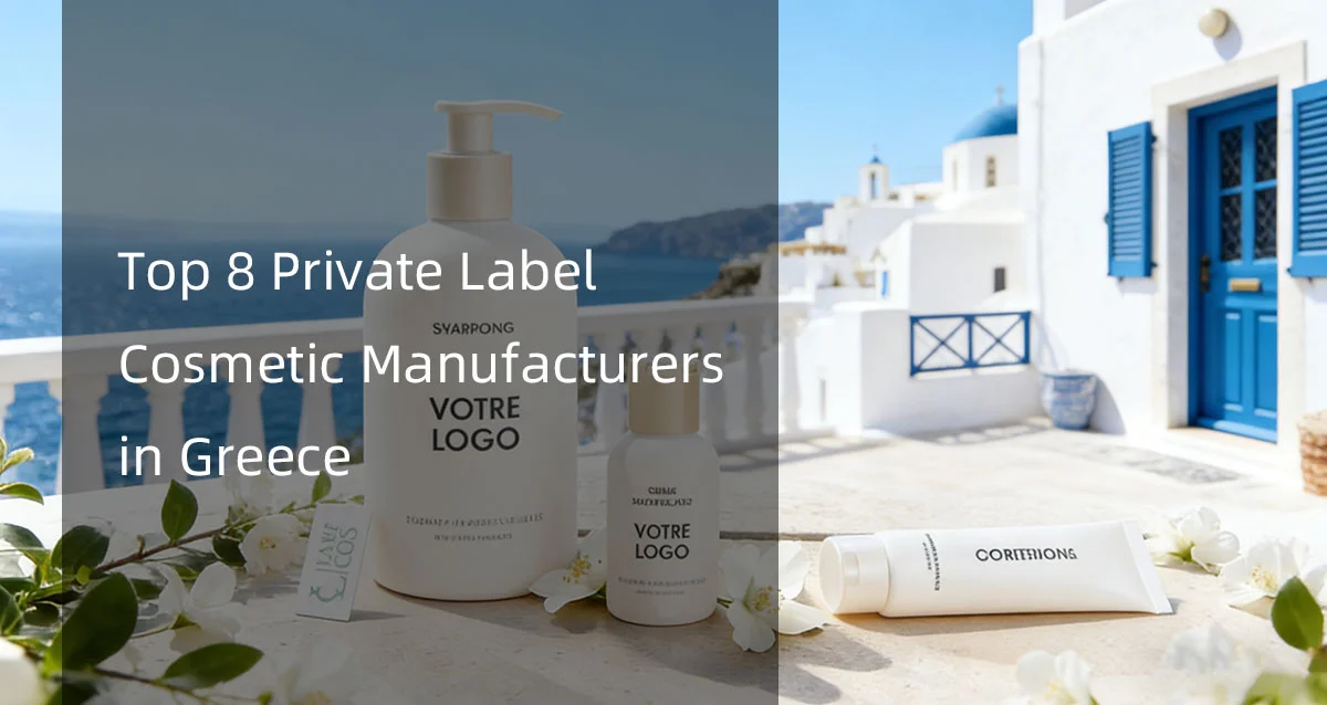 Cosmetic bottles and tube with customizable label on a Mediterranean balcony, highlighting private label opportunities in Greece.